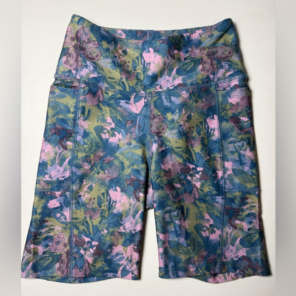 Free Fly Apparel Biker Shorts XS Blue Pink Highrise Activewear Pockets.